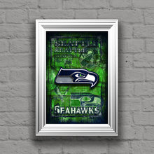 Seattle Seahawks Sports Poster, Seattle Seahawks Artwork, SEAHAWKS in front of Seattle Map, Seahawks Man Cave Gift