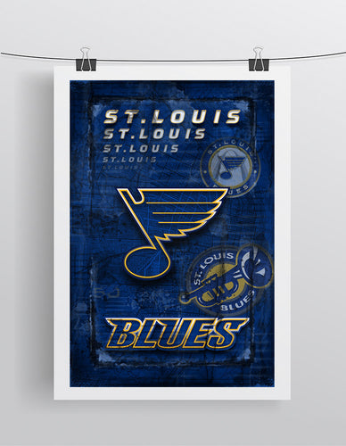 St. Louis Blues Hockey Poster, Blues Hockey Print, STL Blues in front of St. Louis Map