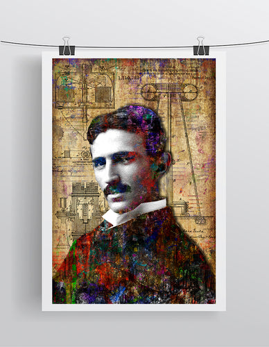 Nikola Tesla Poster, Nikola Tesla Portrait Gift, Nikola Tesla Colorful Layered Tribute Fine Pop Art