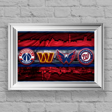 Washington Sports Teams Skyline Poster, Washington Nationals, Capitals, Washington Commanders, Wizards